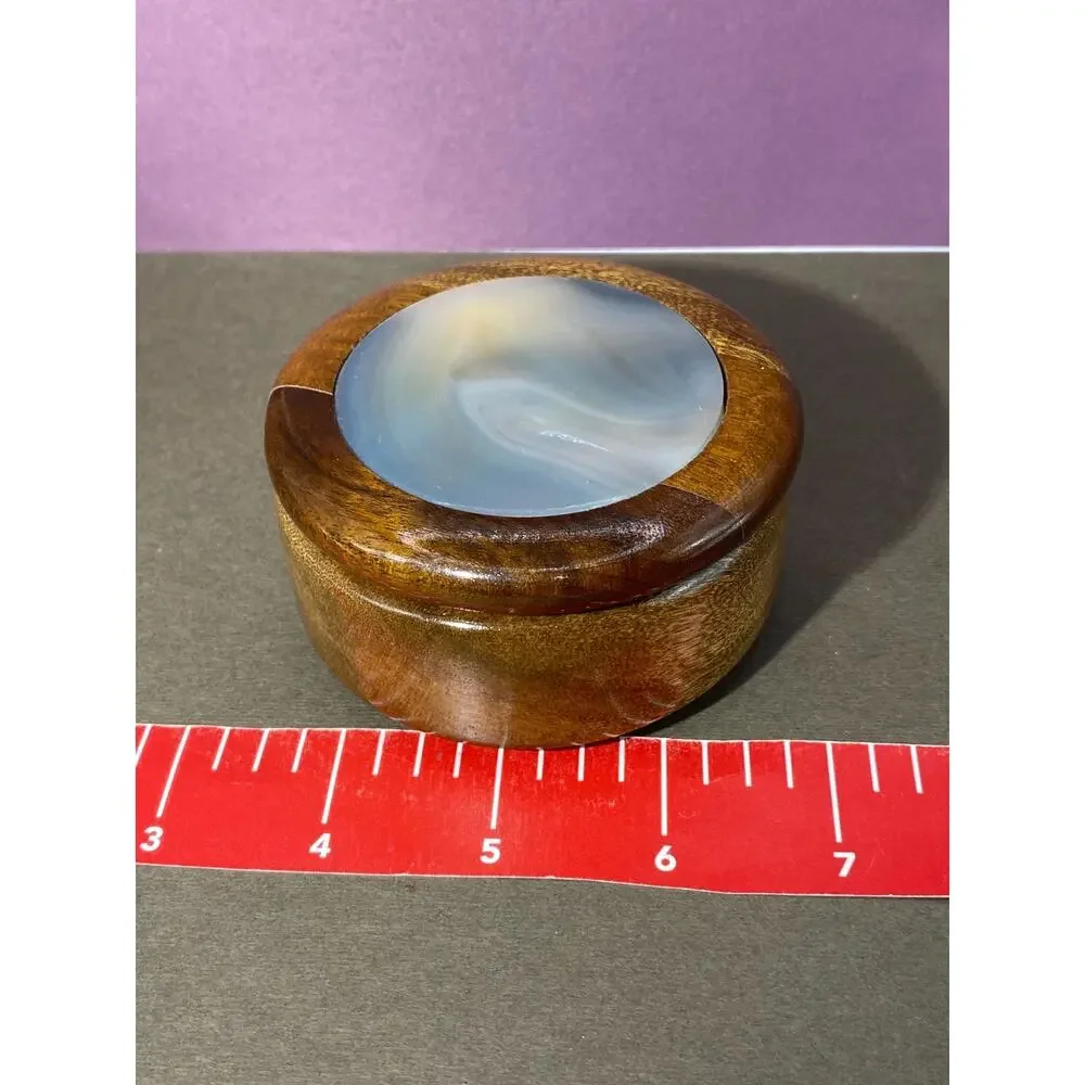 Vintage Wooden & Polished Stone Agate Brown Round Jewelry Trinket box W/ Lid